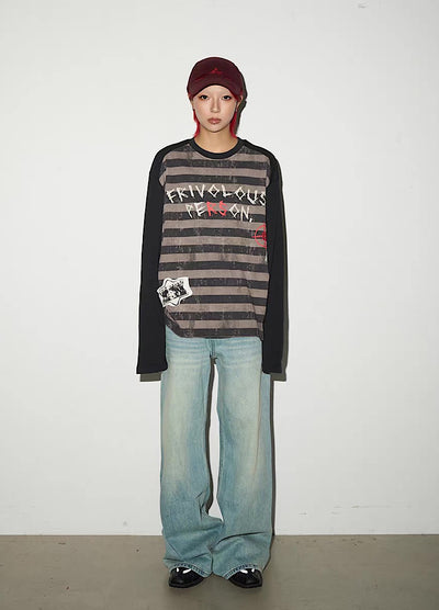 【MICHINNYON】Grunge front graffiti design border long sleeve T-shirt  MY0059