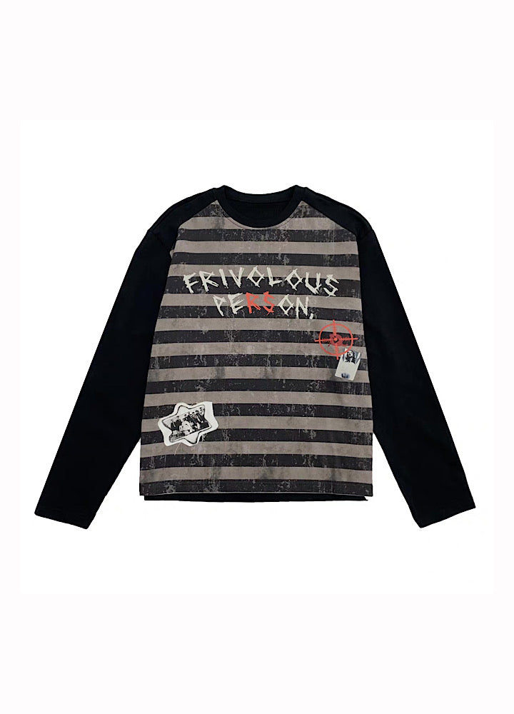 【MICHINNYON】Grunge front graffiti design border long sleeve T-shirt  MY0059