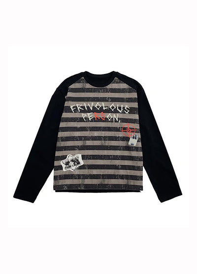 【MICHINNYON】Grunge front graffiti design border long sleeve T-shirt  MY0059