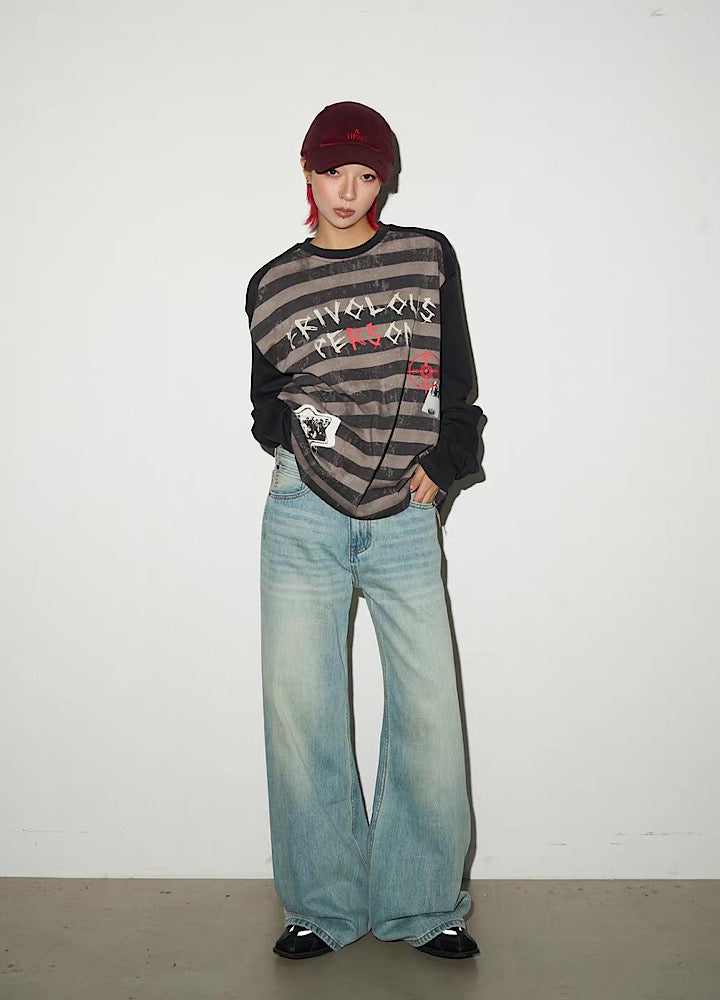 【MICHINNYON】Grunge front graffiti design border long sleeve T-shirt  MY0059