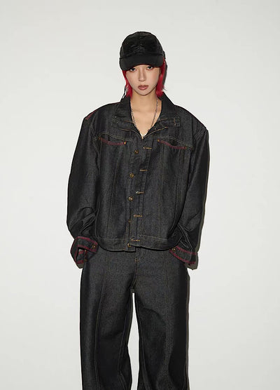 【MICHINNYON】Simple basic style black and red line denim setup  MY0060