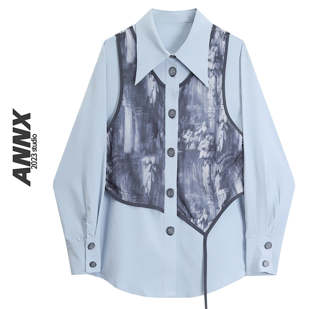 【ANNX】Camouflage vest set blue collared shirt  AN0001