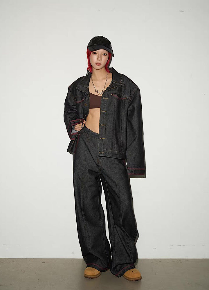 【MICHINNYON】Simple basic style black and red line denim setup  MY0060