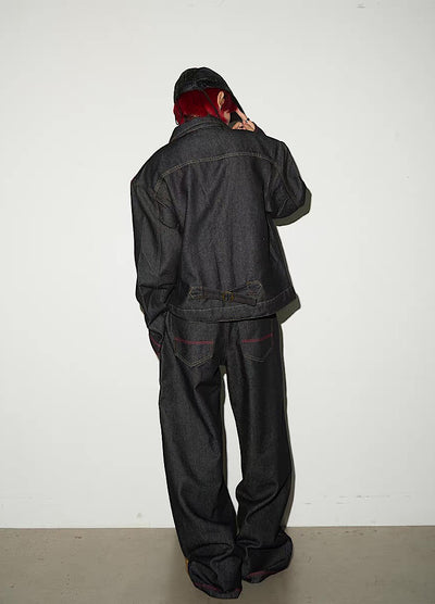 【MICHINNYON】Simple basic style black and red line denim setup  MY0060