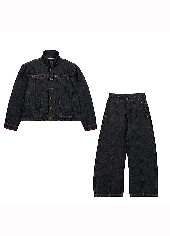 【MICHINNYON】Simple basic style black and red line denim setup  MY0060