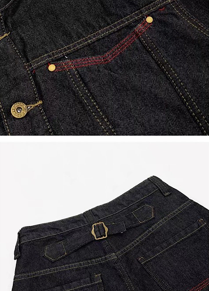 【MICHINNYON】Simple basic style black and red line denim setup  MY0060
