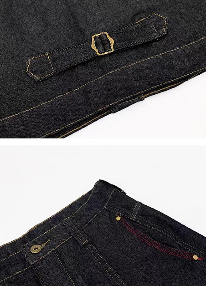 【MICHINNYON】Simple basic style black and red line denim setup  MY0060