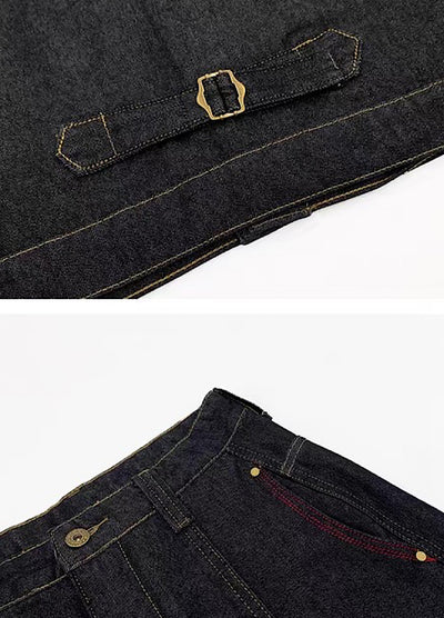 【MICHINNYON】Simple basic style black and red line denim setup  MY0060