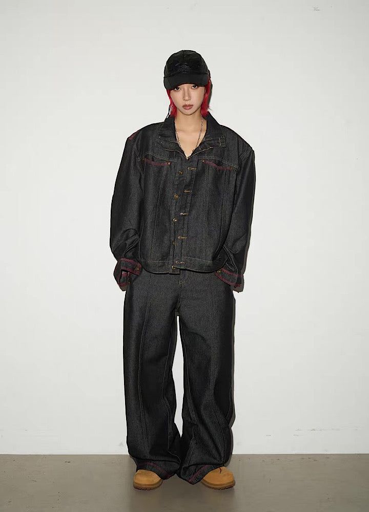 【MICHINNYON】Simple basic style black and red line denim setup  MY0060
