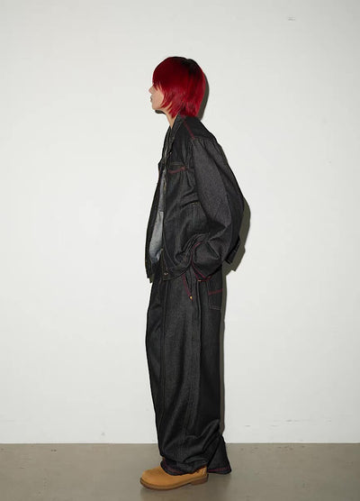 【MICHINNYON】Simple basic style black and red line denim setup  MY0060