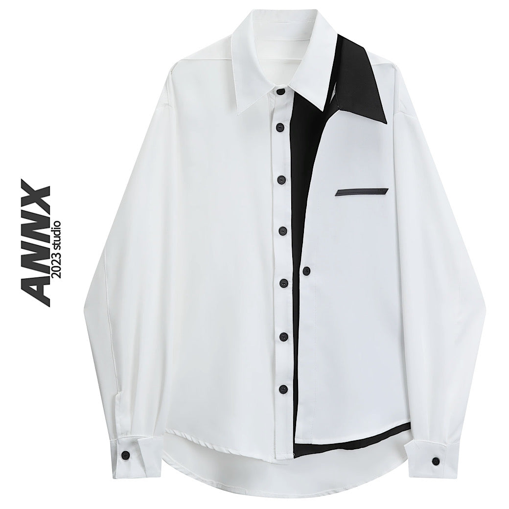 【ANNX】Black asymmetric all-over white shirt  AN0002