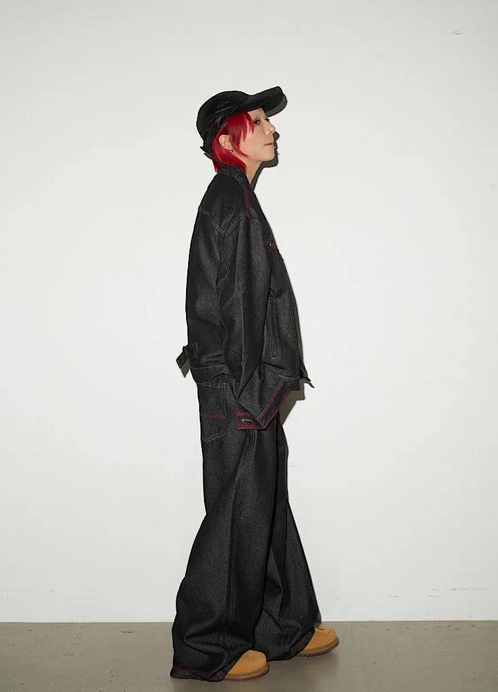 【MICHINNYON】Simple basic style black and red line denim setup  MY0060