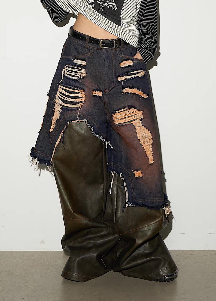 【MICHINNYON】Distressed denim docking synthetic leather wide silhouette gimmick pants  MY0061