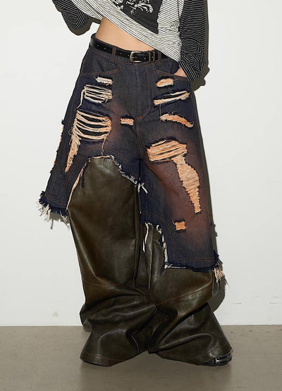 【MICHINNYON】Distressed denim docking synthetic leather wide silhouette gimmick pants  MY0061