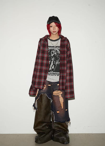 【MICHINNYON】Distressed denim docking synthetic leather wide silhouette gimmick pants  MY0061