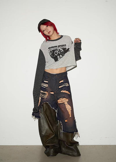 【MICHINNYON】Distressed denim docking synthetic leather wide silhouette gimmick pants  MY0061
