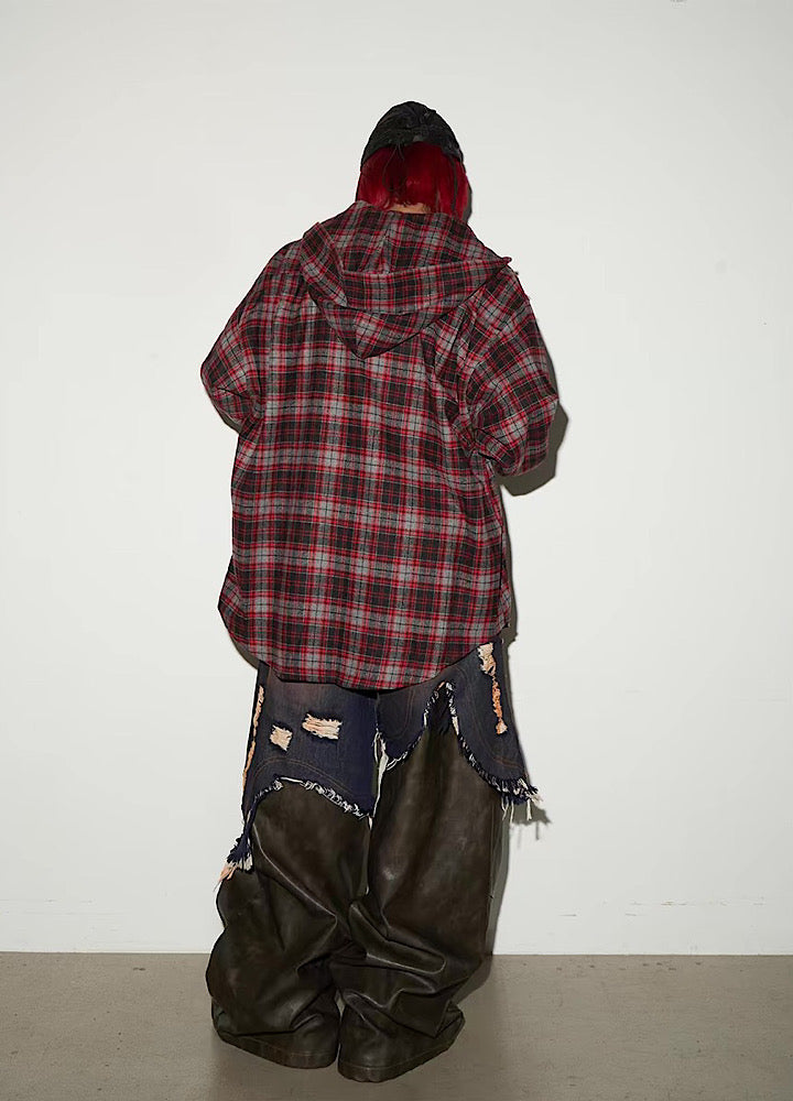 【MICHINNYON】Distressed denim docking synthetic leather wide silhouette gimmick pants  MY0061