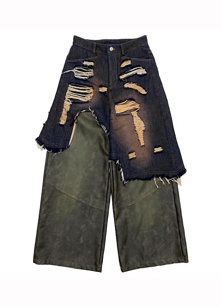 【MICHINNYON】Distressed denim docking synthetic leather wide silhouette gimmick pants  MY0061