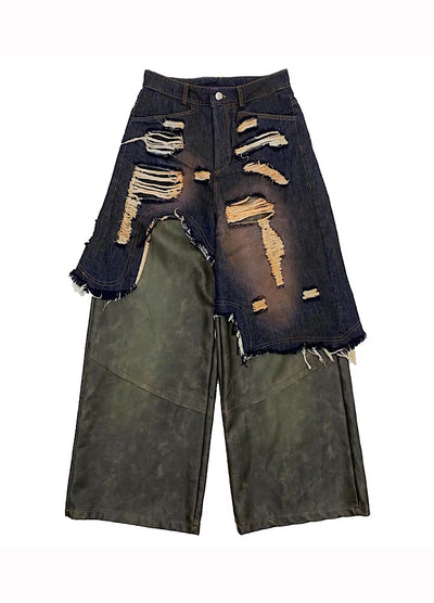 【MICHINNYON】Distressed denim docking synthetic leather wide silhouette gimmick pants  MY0061