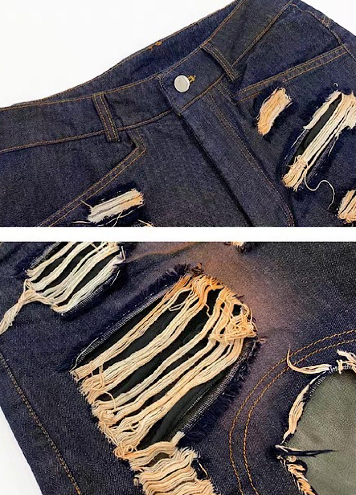 【MICHINNYON】Distressed denim docking synthetic leather wide silhouette gimmick pants  MY0061