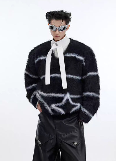 【Culture E】Star plus border line design v-neck knit sweater  CE0100