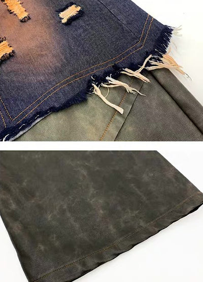 【MICHINNYON】Distressed denim docking synthetic leather wide silhouette gimmick pants  MY0061