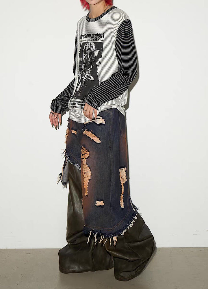 【MICHINNYON】Distressed denim docking synthetic leather wide silhouette gimmick pants  MY0061