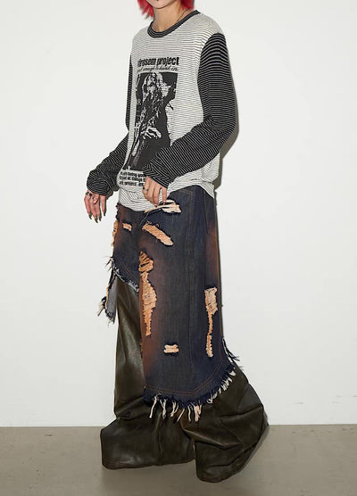 【MICHINNYON】Distressed denim docking synthetic leather wide silhouette gimmick pants  MY0061