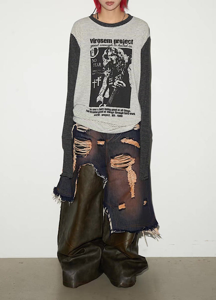 【MICHINNYON】Distressed denim docking synthetic leather wide silhouette gimmick pants  MY0061