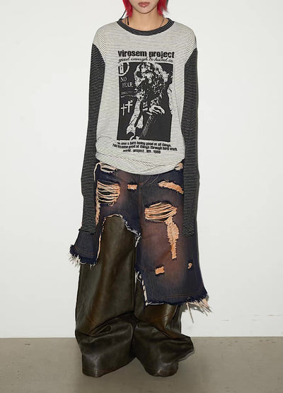 【MICHINNYON】Distressed denim docking synthetic leather wide silhouette gimmick pants  MY0061