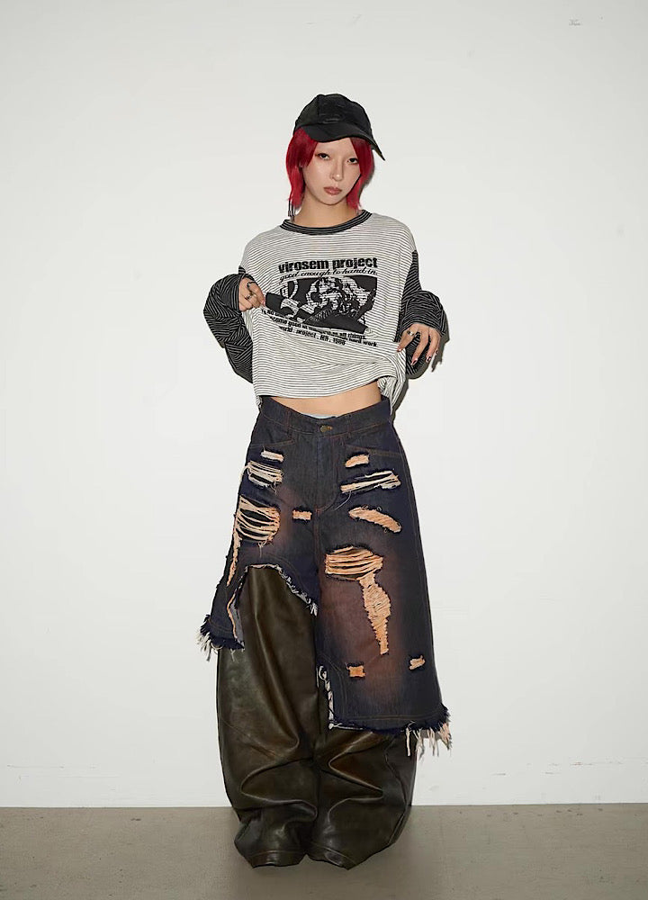 【MICHINNYON】Distressed denim docking synthetic leather wide silhouette gimmick pants  MY0061
