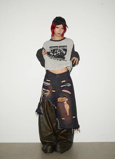 【MICHINNYON】Distressed denim docking synthetic leather wide silhouette gimmick pants  MY0061