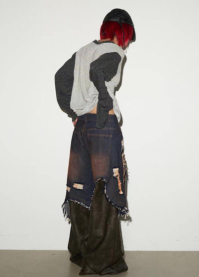 【MICHINNYON】Distressed denim docking synthetic leather wide silhouette gimmick pants  MY0061