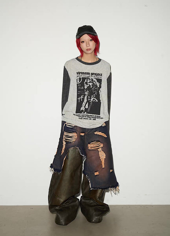 【MICHINNYON】Distressed denim docking synthetic leather wide silhouette gimmick pants  MY0061