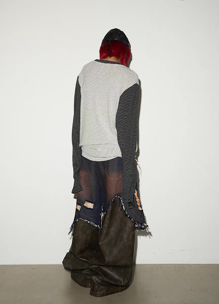【MICHINNYON】Distressed denim docking synthetic leather wide silhouette gimmick pants  MY0061
