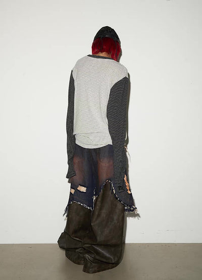 【MICHINNYON】Distressed denim docking synthetic leather wide silhouette gimmick pants  MY0061