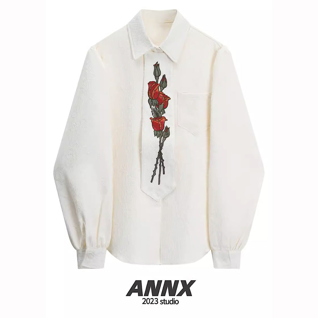 [ANNX] Big rose design tie set pure white shirt AN0004