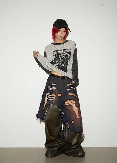 【MICHINNYON】Distressed denim docking synthetic leather wide silhouette gimmick pants  MY0061