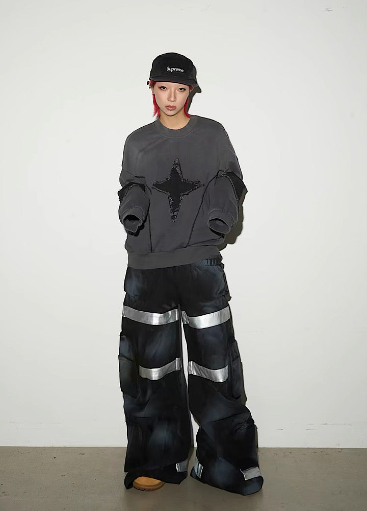【MICHINNYON】Geometric Pick Color Blood Gimmick Wide Straight Pants  MY0062