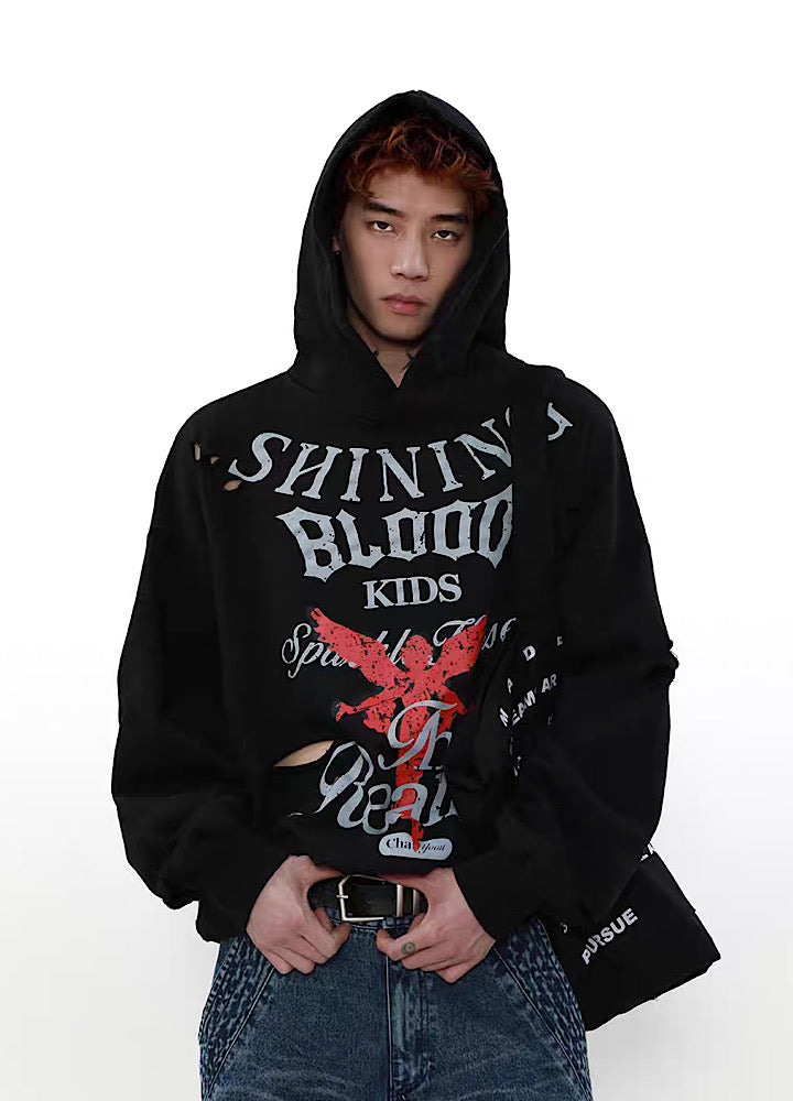 【MR nearly】Fallen angel front design dull coloring middle damage hoodie  MR0073