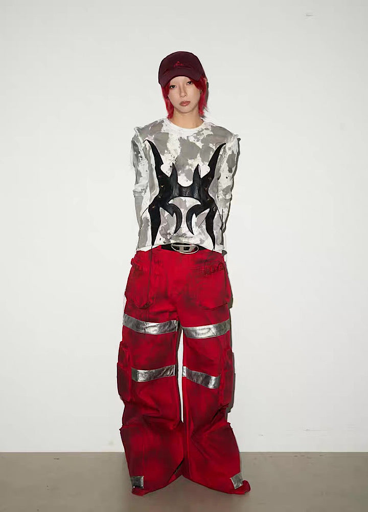 【MICHINNYON】Geometric Pick Color Blood Gimmick Wide Straight Pants  MY0062