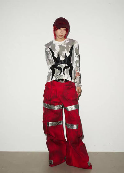 【MICHINNYON】Geometric Pick Color Blood Gimmick Wide Straight Pants  MY0062