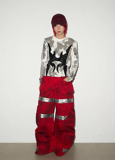 【MICHINNYON】Geometric Pick Color Blood Gimmick Wide Straight Pants  MY0062