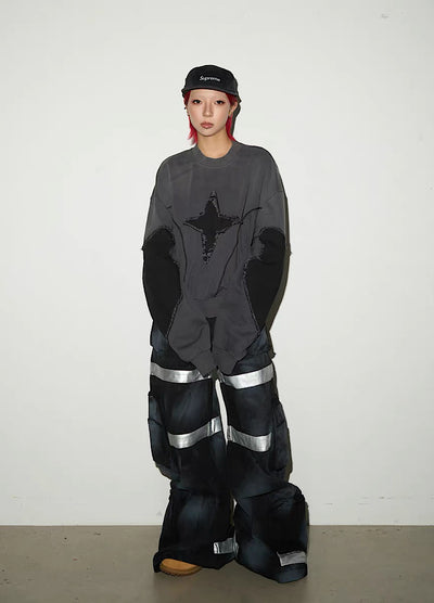 【MICHINNYON】Geometric Pick Color Blood Gimmick Wide Straight Pants  MY0062