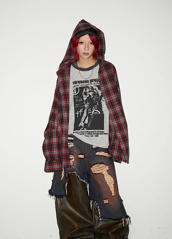 【MICHINNYON】Muted base wash hoodie plus check pattern long sleeve shirt  MY0065
