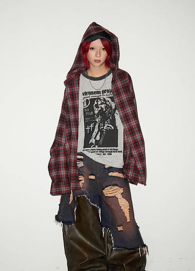 【MICHINNYON】Muted base wash hoodie plus check pattern long sleeve shirt  MY0065