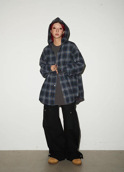 【MICHINNYON】Muted base wash hoodie plus check pattern long sleeve shirt  MY0065