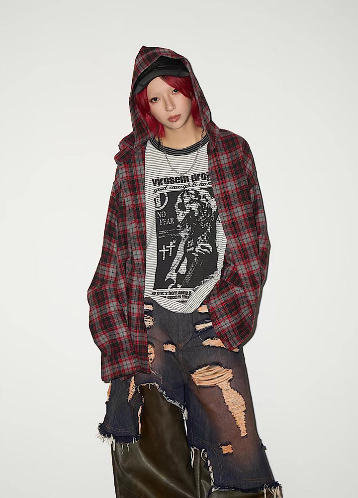 【MICHINNYON】Muted base wash hoodie plus check pattern long sleeve shirt  MY0065