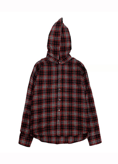 【MICHINNYON】Muted base wash hoodie plus check pattern long sleeve shirt  MY0065