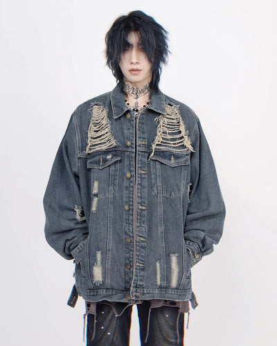 【Mz】Overall mid-length vintage distressed denim jacket MZ0004